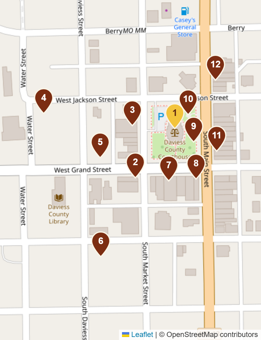 Loop of twelve stops around the courthouse square